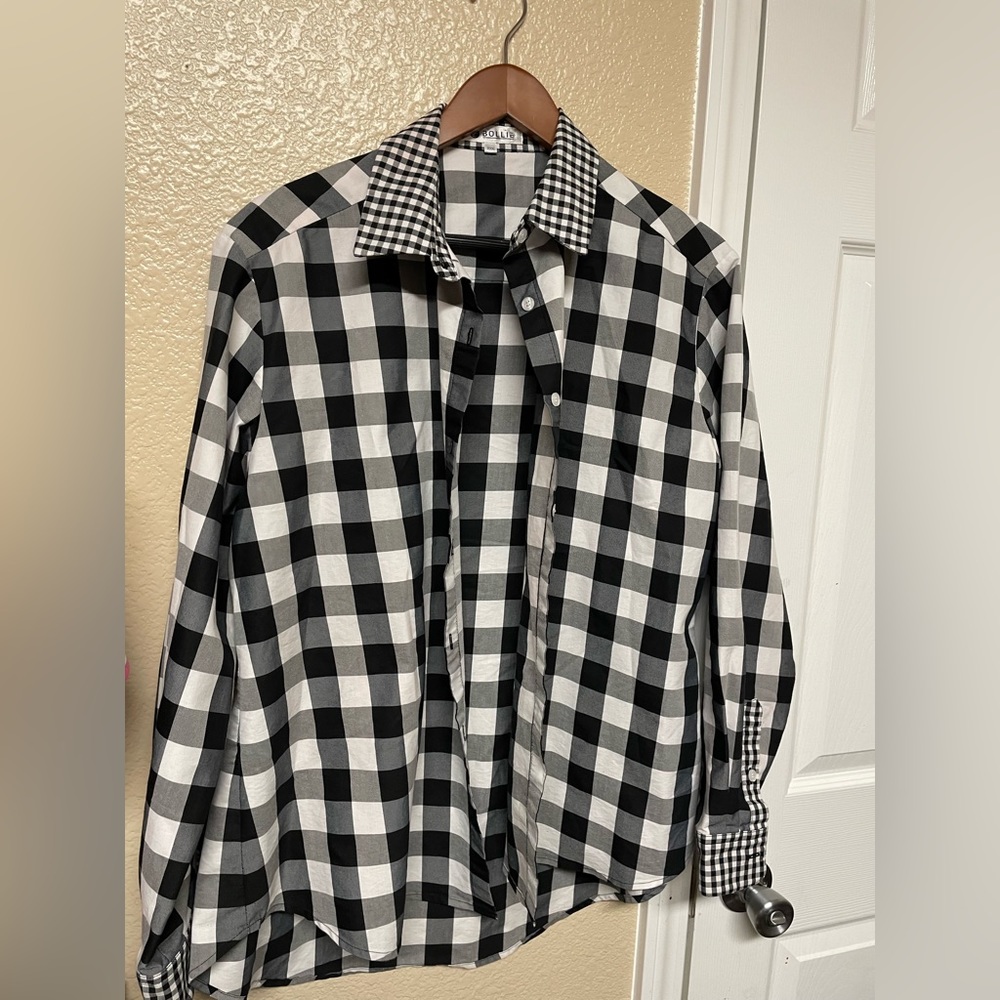 BOLLIE XXXL Women”s Plaid Black White Button long Sleeved Collared Shirt